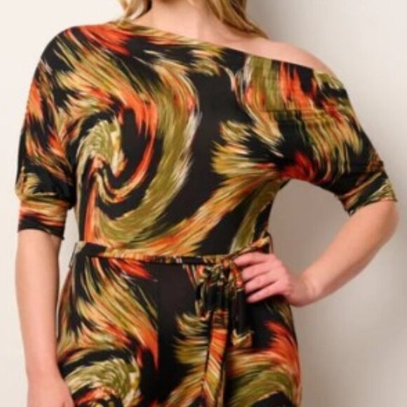 JANETTE PLUS SIZE off Shoulder Swirl Print Wide Leg Jumpsuit NWT 1X, 2X, 3X - Picture 4 of 8